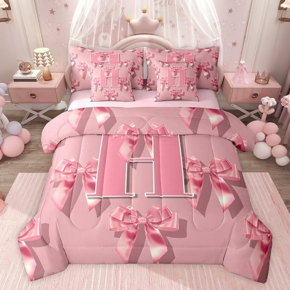 Castle Fairy Personalized Initial Alphabet Pink H Bedding Comforter Set 7 Pieces for Adults Female Men Women,Cute Princess Bow Tie Full Bedding Set,Cartoon Ribbon Bow Initial Fitted Sheet Flat Sheet