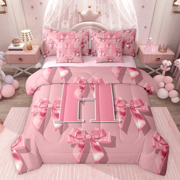 Castle Fairy Personalized Initial Alphabet Pink H Twin Bedding Sets 7-Piece for Adults Female Men Women,Dreamy Princess Bow Tie Bedding Comforter Set Microfiber,Cartoon Ribbon Bow Initial Sheet Sets