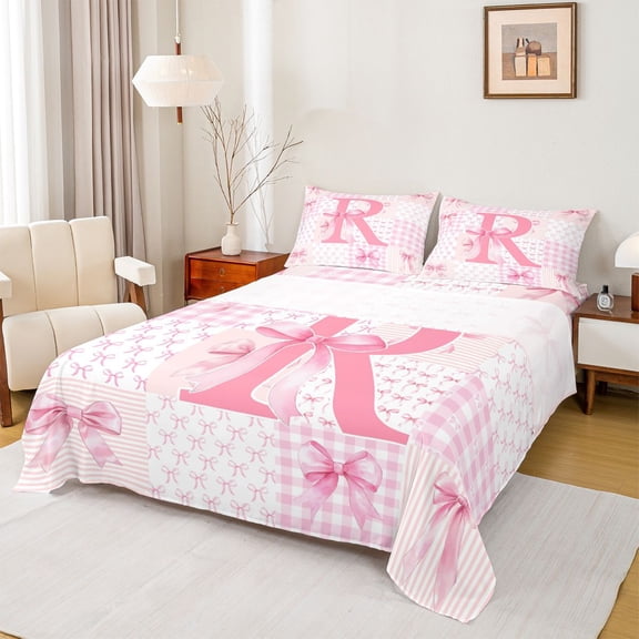 Castle Fairy Personalized Initial Pink R Bed Sheets, Dreamy Bow Tie King Sheets