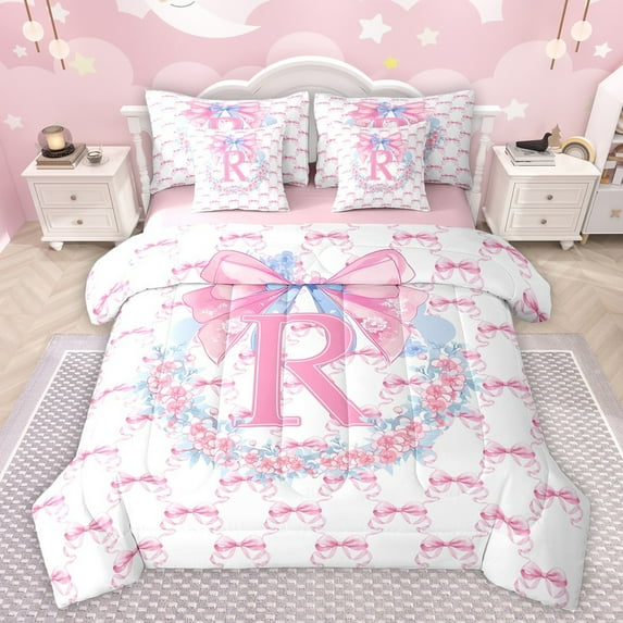 Castle Fairy Personalized Initial Alphabet R Bedding Comforter Set 7-Piece for Female Men Adults,Dreamy Princess King Bedding Sets,Cartoon Bowknot Flowers Ultra Soft Bed Sheets,Luxury Bedroom Decor