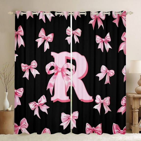 Castle Fairy Personalized Initial Black Out Curtains,Dreamy Princess Curtains Pack of 2 (42x63 Each),Black Pink Bedroom Curtains,Lightweight Kawaii Room Decor