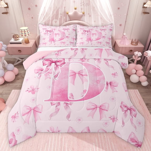 Castle Fairy Personalized Initial D Twin Comforter Sets,Kawaii Pink Ribbon Bow Bedding Set