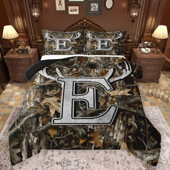 Castle Fairy Personalized Initial E Bedding Comforter Set 2pcs for Teens Adults,Jungle Wildlife Deer Twin Comforter Sets Microfiber,Vintage Tree Branches Breathable Bedding Set,Ultra Soft Home Decor
