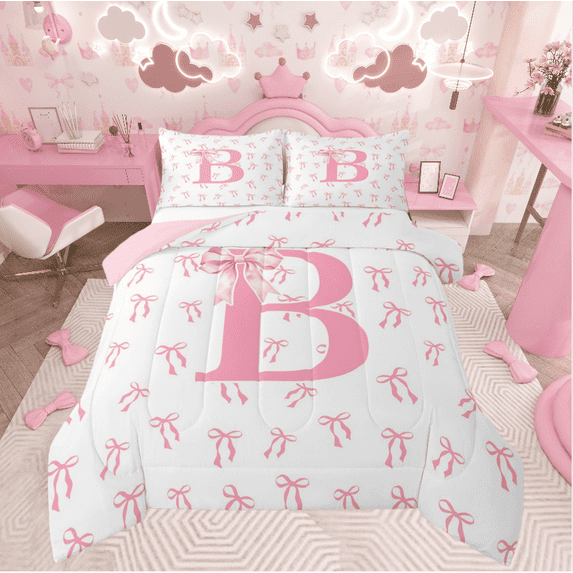 Castle Fairy Personalized Initial Girl 2-Piece Twin Comforter Set, Kawaii Bowknot Bedding