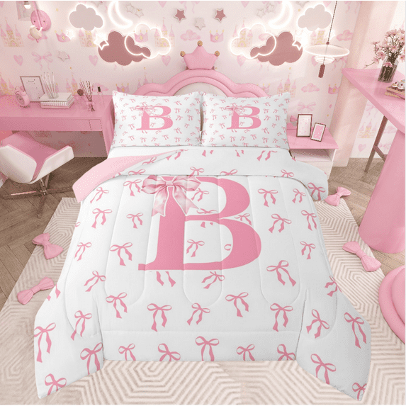 Castle Fairy Personalized Initial Girl 3 Pieces Queen Comforter Set,Kawaii Bowknot Ultra Soft Bedding Sets,Pink White Bedding Comforter Set,Microfiber Bedroom Decor