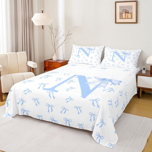 Castle Fairy Personalized Initial Girl 4pcs Bed Sheets,Kawaii Bowknot King Sheets,Blue White Super Cozy Sheet Set,Microfiber Bedroom Decor