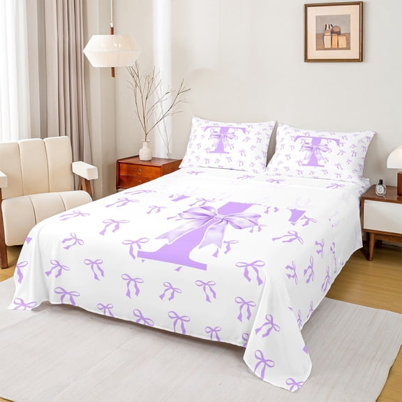 Castle Fairy Personalized Initial Girl 4pcs Bed Sheets,Kawaii Bowknot King Sheets,Purple White Super Cozy Sheet Set,Microfiber Bedroom Decor