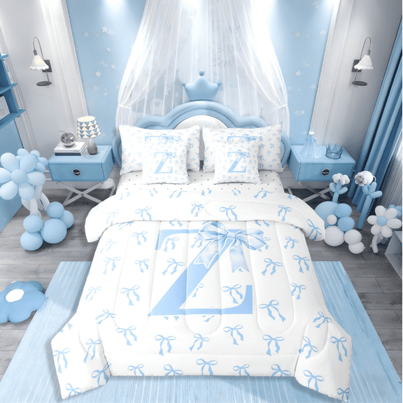 Castle Fairy Personalized Initial Girl 7-Piece Twin Bedding Sets,Kawaii Bowknot Bedding Comforter Set,Blue White Breathable Sheet Sets,Microfiber Bedroom Decor