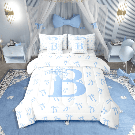 Castle Fairy Personalized Initial Girl 7-Piece Twin Bedding Sets,Kawaii Bowknot Bedding Comforter Set,Blue White Breathable Sheet Sets,Microfiber Bedroom Decor