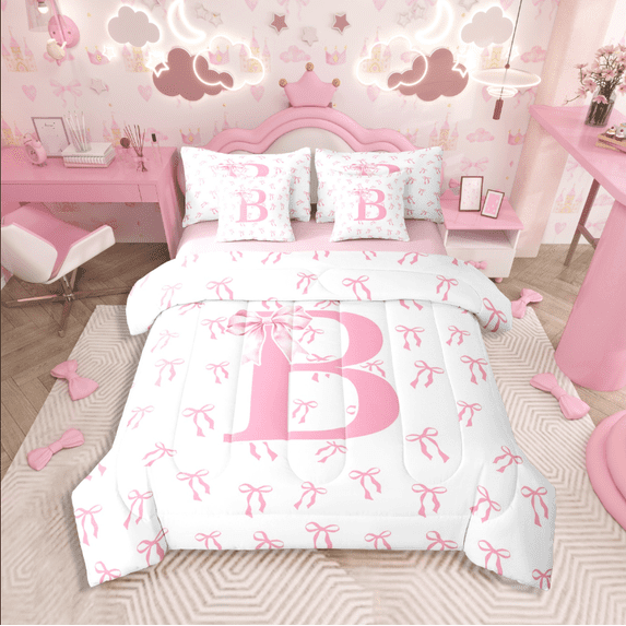 Castle Fairy Personalized Initial Girl 7-Piece Twin Bedding Sets,Kawaii Bowknot Bedding Comforter Set,Pink White Breathable Sheet Sets,Microfiber Bedroom Decor