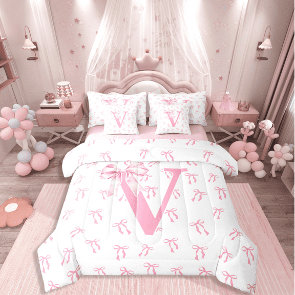 Castle Fairy Personalized Initial Girl 7-Piece Twin Bedding Sets,Kawaii Bowknot Bedding Comforter Set,Pink White Breathable Sheet Sets,Microfiber Bedroom Decor