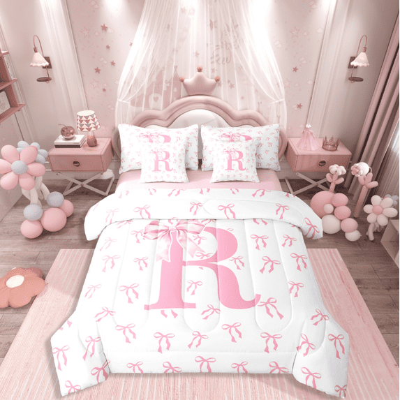 Castle Fairy Personalized Initial Girl 7-Piece Twin Bedding Sets,Kawaii Bowknot Bedding Comforter Set,Pink White Breathable Sheet Sets,Microfiber Bedroom Decor
