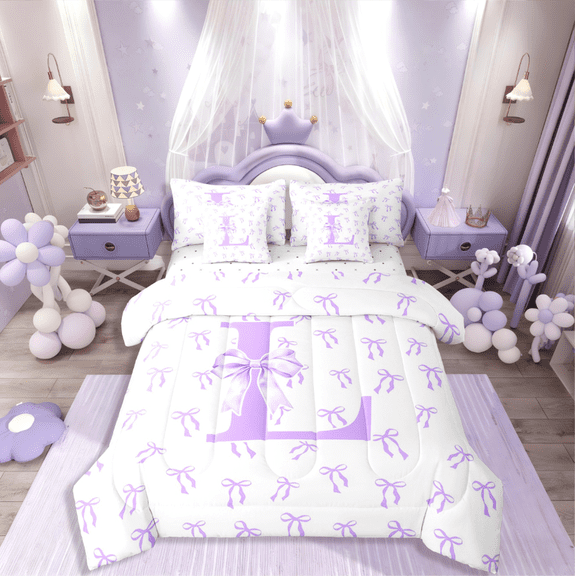 Castle Fairy Personalized Initial Girl 7-Piece Twin Bedding Sets,Kawaii Bowknot Bedding Comforter Set,Purple White Breathable Sheet Sets,Microfiber Bedroom Decor