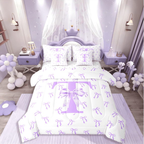 Castle Fairy Personalized Initial Girl 7-Piece Twin Bedding Sets,Kawaii Bowknot Bedding Comforter Set,Purple White Breathable Sheet Sets,Microfiber Bedroom Decor
