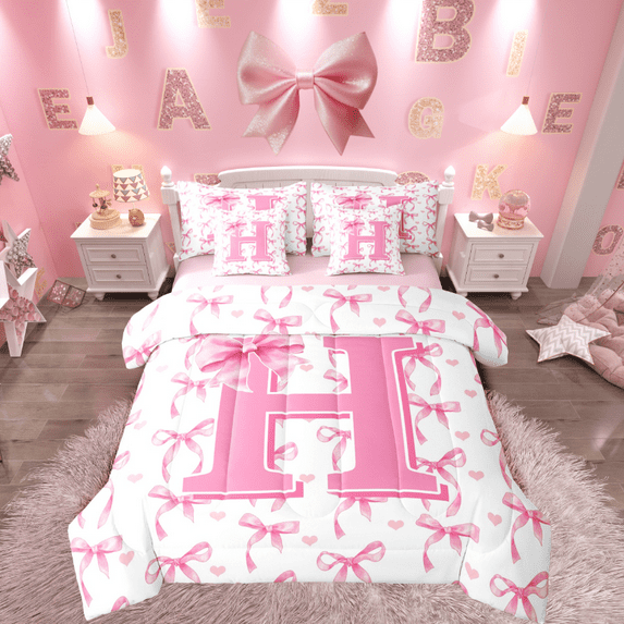 Castle Fairy Personalized Initial Girl 7-Piece Twin Bedding Sets,Pink White Bedding Comforter Set,Cartoon Bowknot Breathable Sheet Sets,Luxury Bedroom Decor