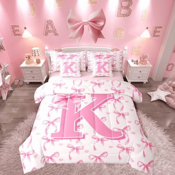 Castle Fairy Personalized Initial Girl 7-Piece Twin Bedding Sets,Pink White Bedding Comforter Set,Cartoon Bowknot Breathable Sheet Sets,Luxury Bedroom Decor