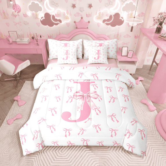 Castle Fairy Personalized Initial Girl 7 Pieces Bedding Comforter Set,Kawaii Bowknot Full Bedding Set Lightweight,Pink White Fitted Sheet Flat Sheet,Microfiber Bedroom Decor