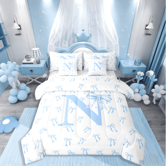 Castle Fairy Personalized Initial Girl 7pcs Bedding Comforter Set,Kawaii Bowknot Queen Bedding Sets Super Cozy,Blue White Queen Sheet Sets,Microfiber Bedroom Decor