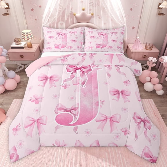 Castle Fairy Personalized Initial J Twin Comforter Sets,Kawaii Pink Ribbon Bow Bedding Set