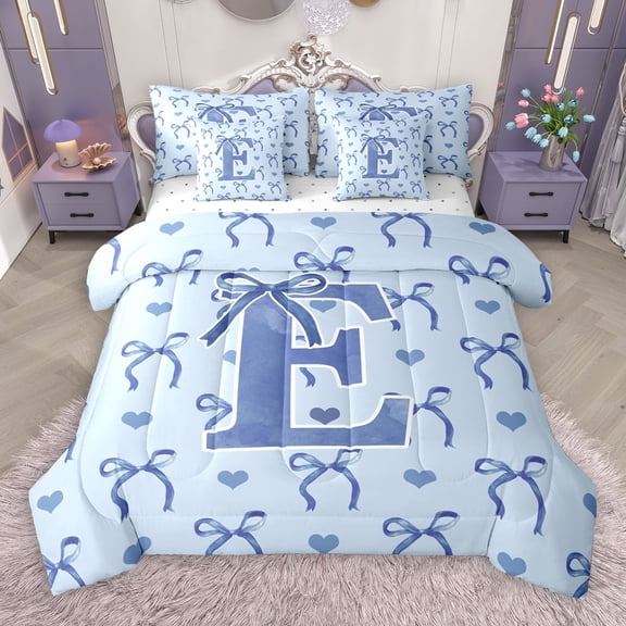 Castle Fairy Personalized Initial Letter E 7 Pieces Bedding Comforter Set for Women Men,Love Heart Print Full Bedding Set Lightweight,Cartoon Bowknot Fitted Sheet Flat Sheet