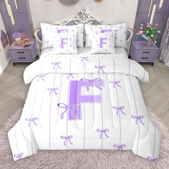 Castle Fairy Personalized Initial Letter F 7-Piece Twin Bedding Sets for Children Women Men,Bow Tie Stripes Bedding Comforter Set,Monogrammed Alphabet Breathable Sheet Sets,Breathable Home Decor