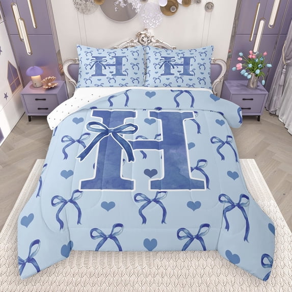 Castle Fairy Personalized Initial Letter H 2Pcs Bedding Comforter Set for Teens Children,Love Heart Print Twin Comforter Sets,Cartoon Bowknot Breathable Bedding Set,Microfiber Bedroom Decor