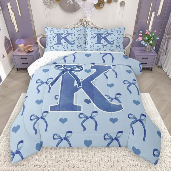 Castle Fairy Personalized Initial Letter K 2Pcs Bedding Comforter Set for Teens Boys Girls,Love Heart Print Twin Comforter Sets,Cartoon Bowknot Breathable Bedding Set,Microfiber Bedroom Decor