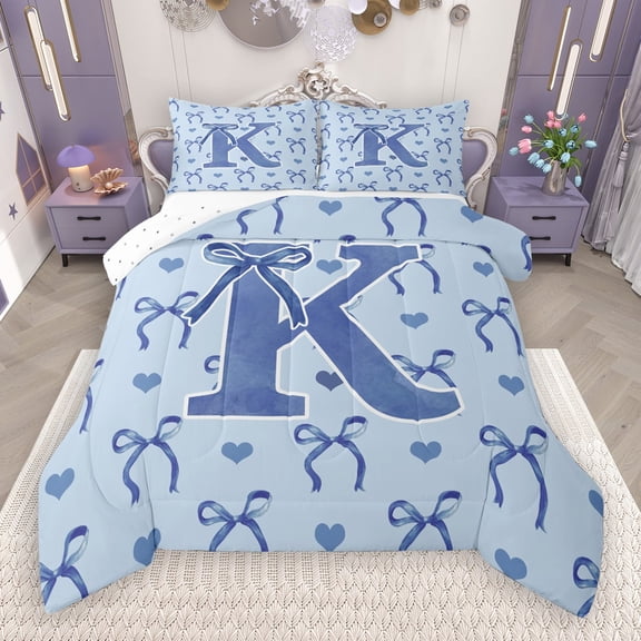 Castle Fairy Personalized Initial Letter K 3 Pieces Queen Comforter Set for Teens Boys Girls,Love Heart Print Ultra Soft Bedding Sets,Cartoon Bowknot Bedding Comforter Set,Microfiber Bedroom Decor