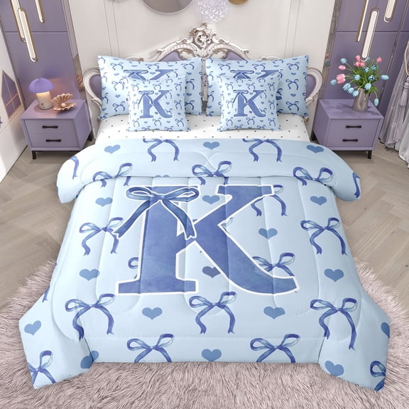 Castle Fairy Personalized Initial Letter K 7 Pieces Bedding Comforter Set for Teens Boys Girls,Love Heart Print Full Bedding Set Lightweight,Cartoon Bowknot Fitted Sheet Flat Sheet