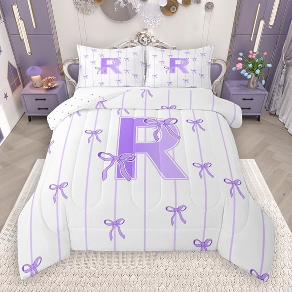 Castle Fairy Personalized Initial Letter R 3-Piece Full Size Comforter Sets for Children Women Men,Bow Tie Stripes Bedding Comforter Set,Monogrammed Alphabet Lightweight Bedding Sets