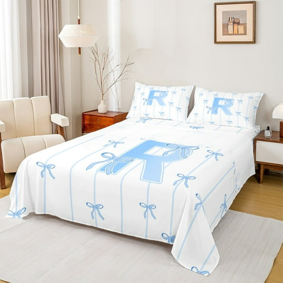 Castle Fairy Personalized Initial Letter R 4 Pieces Queen Sheet Sets for Children Women Men,Bow Tie Stripes Ultra Soft Flat Sheet,Monogrammed Alphabet Queen Fitted Sheet,Breathable Home Decor