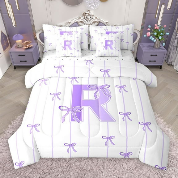 Castle Fairy Personalized Initial Letter R 7Pcs Bedding Comforter Set for Children Women Men,Bow Tie Stripes Queen Bedding Sets Super Cozy,Monogrammed Alphabet Queen Sheet Sets