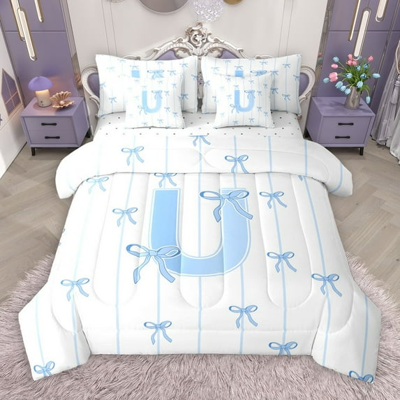 Castle Fairy Personalized Initial Letter U 7 Pieces Bedding Comforter Set for Children Women Men,Bow Tie Stripes Full Bedding Set Lightweight,Monogrammed Alphabet Fitted Sheet Flat Sheet