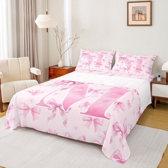Castle Fairy Personalized Initial M Bed Sheets,Kawaii Pink Ribbon Bow King Sheets