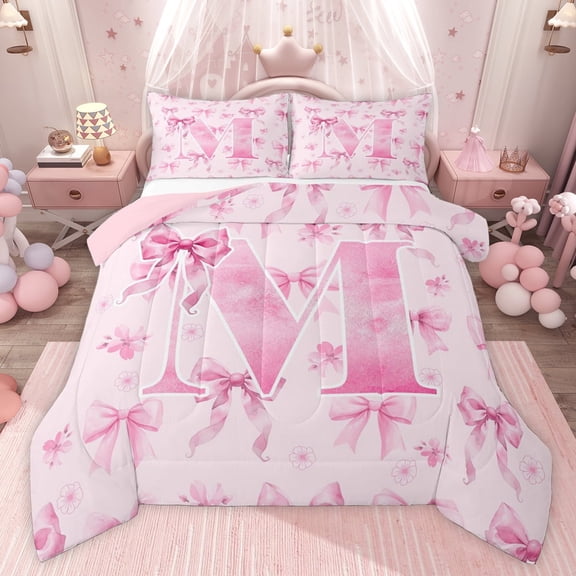 Castle Fairy Personalized Initial M Full Size Comforter Sets,Ribbon Bow Bedding Sets
