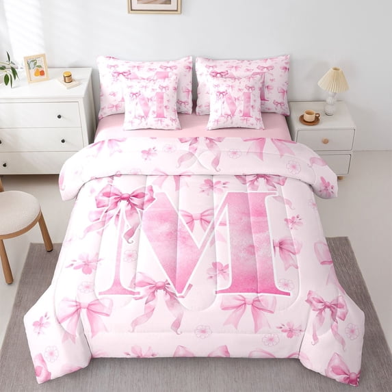 Castle Fairy Personalized Initial M Twin Bedding Sets,Pink Bow Bedding Comforter Set