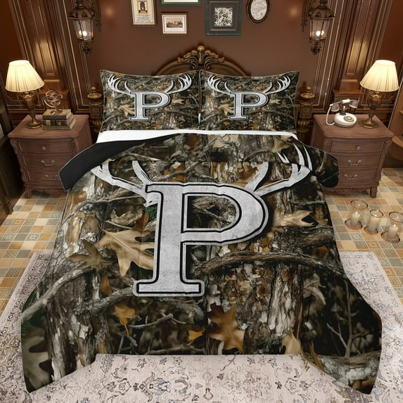 Castle Fairy Personalized Initial P Bedding Comforter Set 2pcs for Teens Adults,Jungle Wildlife Deer Twin Comforter Sets Microfiber,Vintage Tree Branches Breathable Bedding Set,Ultra Soft Home Decor