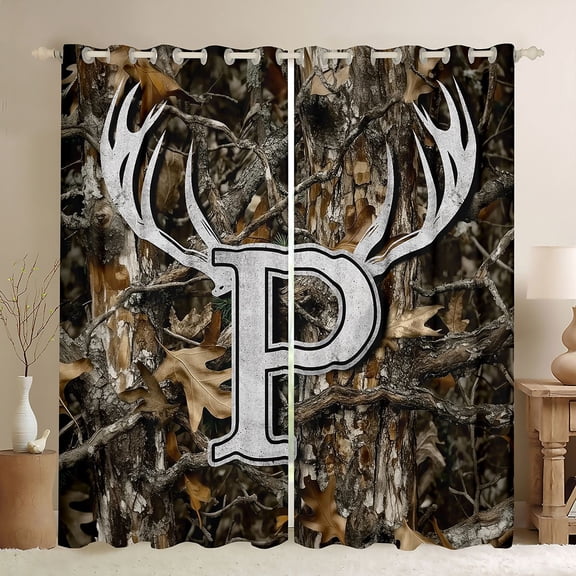Castle Fairy Personalized Initial P Black Out Curtains for Teens Adults,Jungle Wildlife Deer Curtains Pack of 2 (42x63 Each),Vintage Tree Branches Bedroom Curtains,Ultra Soft Home Decor