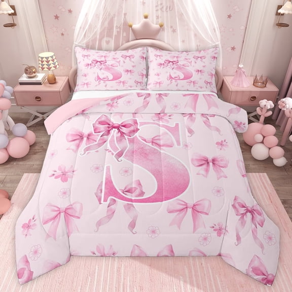 Castle Fairy Personalized Initial S Full Size Comforter Sets,Ribbon Bow Bedding Sets