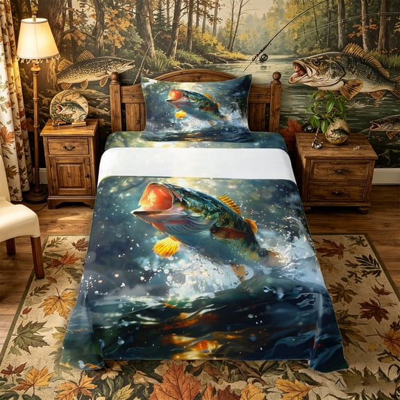 Castle Fairy Photoreal Wild Bass Twin Sheets 3pcs,Sunlit Forest Pond Graphic Bedding,Green Amber,1 Fitted Sheet,1 Flat Sheet and 1 Pillowcase