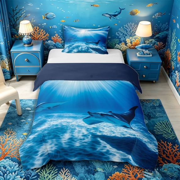 Castle Fairy Photorealistic Manta Ray Seascape Twin Duvet Cover,Sunbeam Sand Deep Ocean Art Twin Bedding,Deep Azure,Navy Blue Reversible,2pcs,No Comforter,1 Duvet Cover and 1 Pillowcase