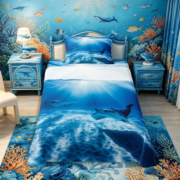 Castle Fairy Photorealistic Manta Ray Seascape Twin Sheets 3pcs,Sunbeam Sand Deep Ocean Art Bedding,Deep Azure,1 Fitted Sheet,1 Flat Sheet and 1 Pillowcase