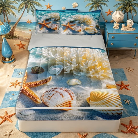 Castle Fairy Photorealistic Shallow Reef Shells Zipper Queen Comforter Set with Fitted Sheet and 2 Pillowcases,White Coral Starfish Sand Graphic Zipper Bedding Set,Azure Beige,Reversible,4 Pieces