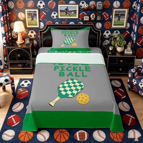Castle Fairy Pickleball Print Twin Sheets 3pcs, Sport Checkered Paddle Pattern Bedding, Green Gray,1 Fitted Sheet, 1 Flat Sheet and 1 Pillowcase