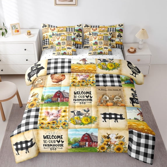 Castle Fairy Pig Cow Rooster 7-Piece Queen Bedding Set for Preppy Child