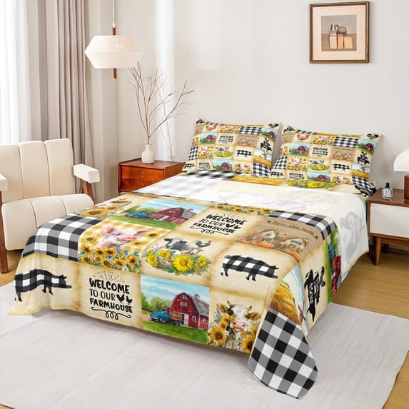 Castle Fairy Pig Cow Rooster Twin Sheet Sets 3pcs for Preppy Child,Farmhouse Floral Sunflower Twin Fitted Sheet Microfiber,Geometric Plaid Grid Breathable Flat Sheet,Lightweight Room Decor