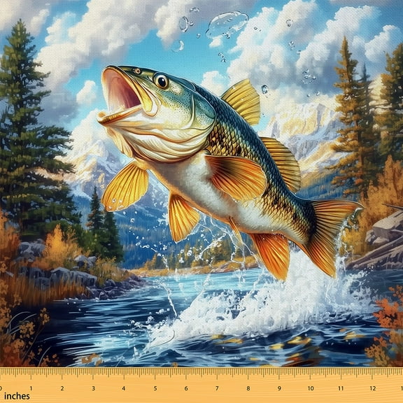 Castle Fairy Pike Fish Fabric by the Yard 1 Yard, River Fishing Home Decor Fabric by the Yard, Rustic Lodge Cabin Sewing Fabric, Lake House Room Decor