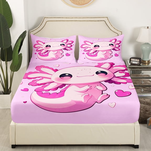 Castle Fairy Pink Axolotl 4pcs Bed Sheets,Love Heart Print King Sheets,Kawaii Animal Super Cozy Sheet Set,Super Cozy Cartoon Room Decor