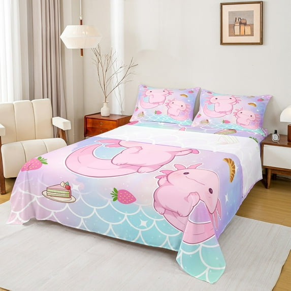 Castle Fairy Pink Axolotl Salamander 4-Piece Full Size Sheets for Children,Cartoon Mermaid Bed Sheets,Gradient Ombre Lightweight Sheet Sets,Super Cozy Room Decor