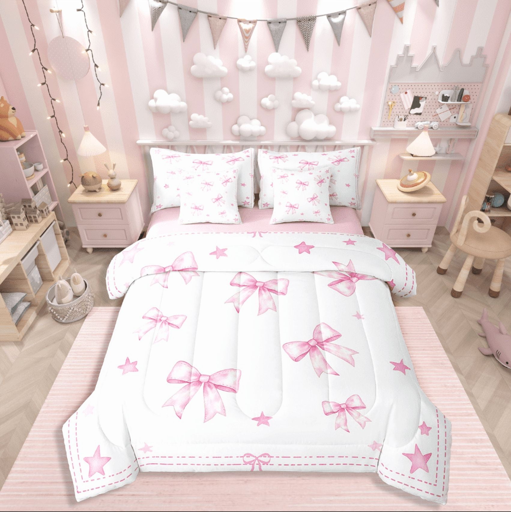 Castle Fairy Pink Bow 7-Piece Twin Bedding Sets,Stars Print Bedding ...
